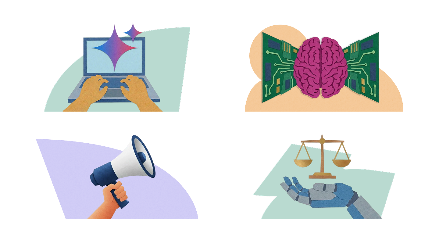 Four illustrated icons on white background: top left shows hands typing on a laptop with sparkles emerging from screen; top right depicts a pink brain centered between two green circuit boards; bottom left shows a hand holding a dark blue megaphone; bottom right displays a robotic hand reaching toward balanced scales
