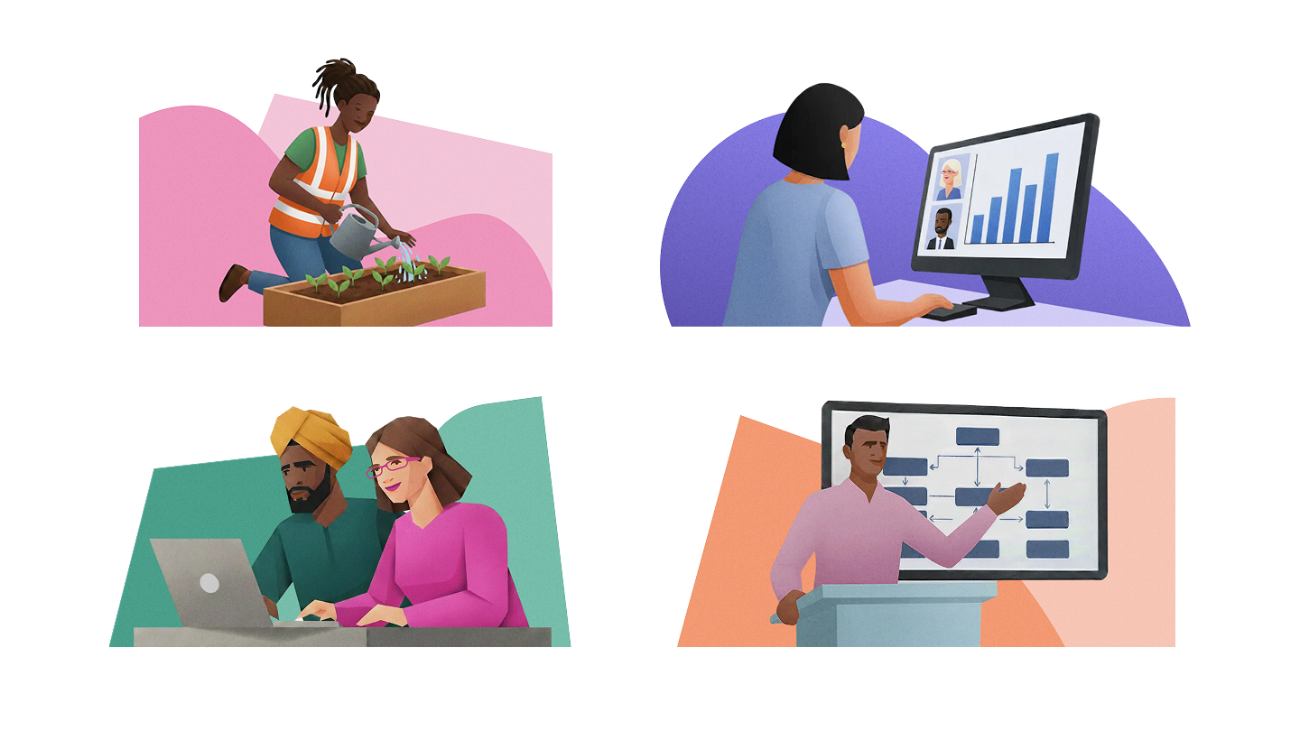 Four illustrated workplace scenes: top left shows a person in safety vest watering plants in a raised garden bed; top right depicts someone at a computer monitor in video call with two colleagues and a bar chart; bottom left shows two people collaborating at a laptop; bottom right features a person presenting a flowchart diagram on a large display