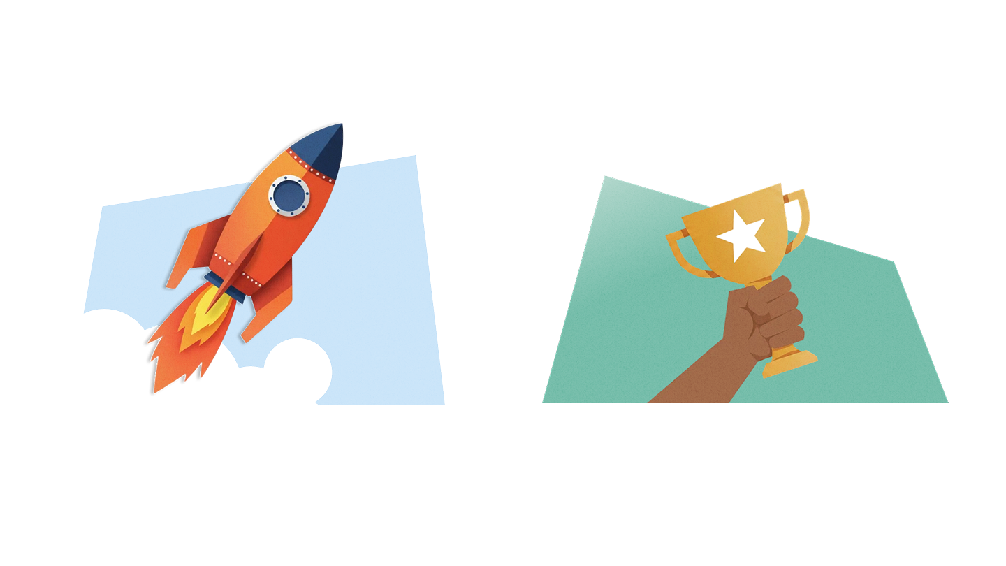 Two illustrated icons on white background: left shows an orange and blue rocket ship with flames launching upward at an angle; right displays a brown hand holding up a golden trophy cup with a white star on its front.