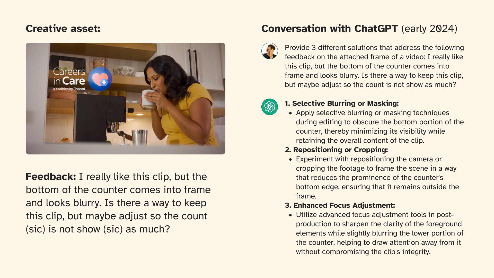 Early 2024 ChatGPT experiment: feeding in a creative asset and feedback note, getting back three proposed solutions