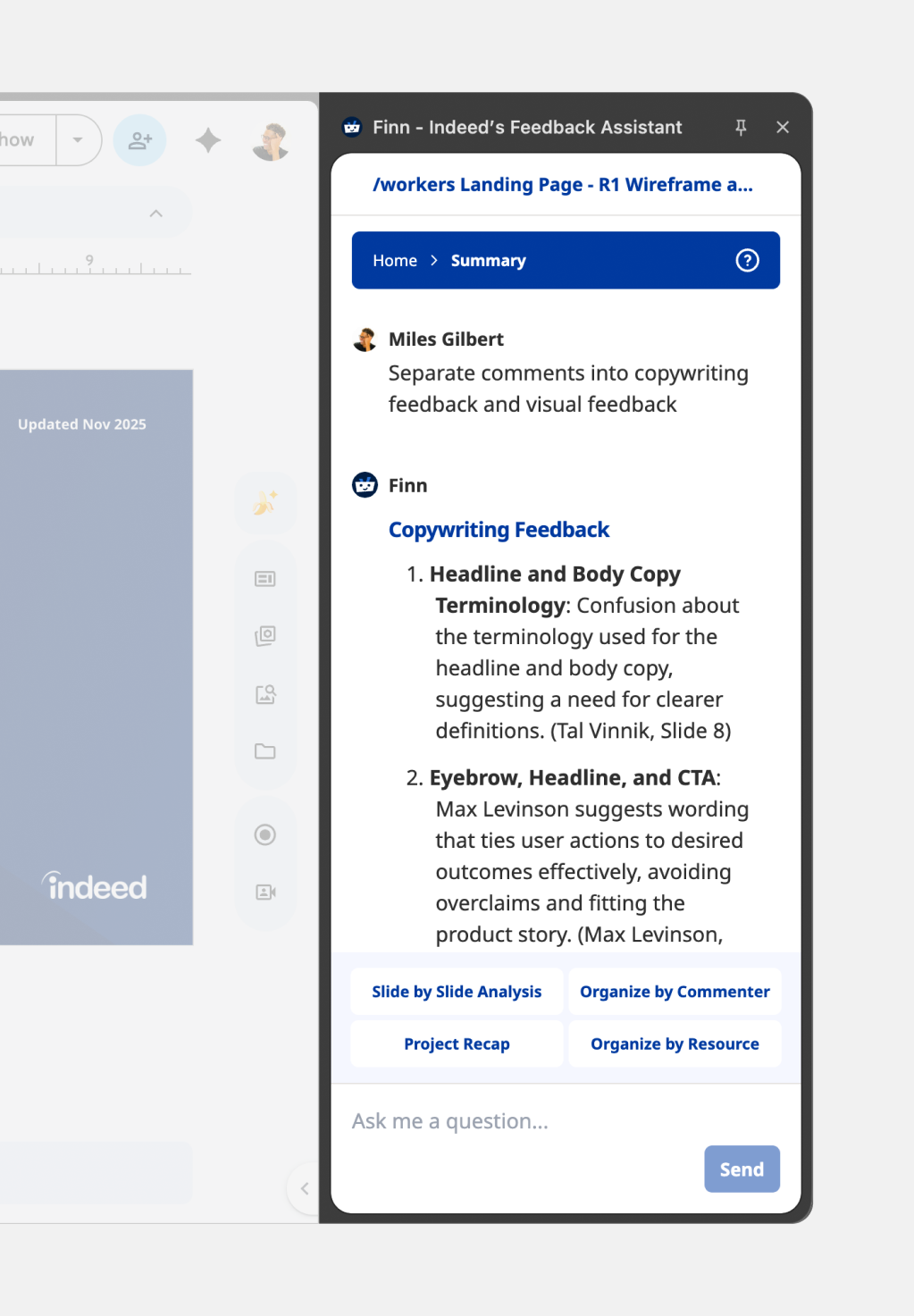 Chat interface showing custom question about organizing feedback