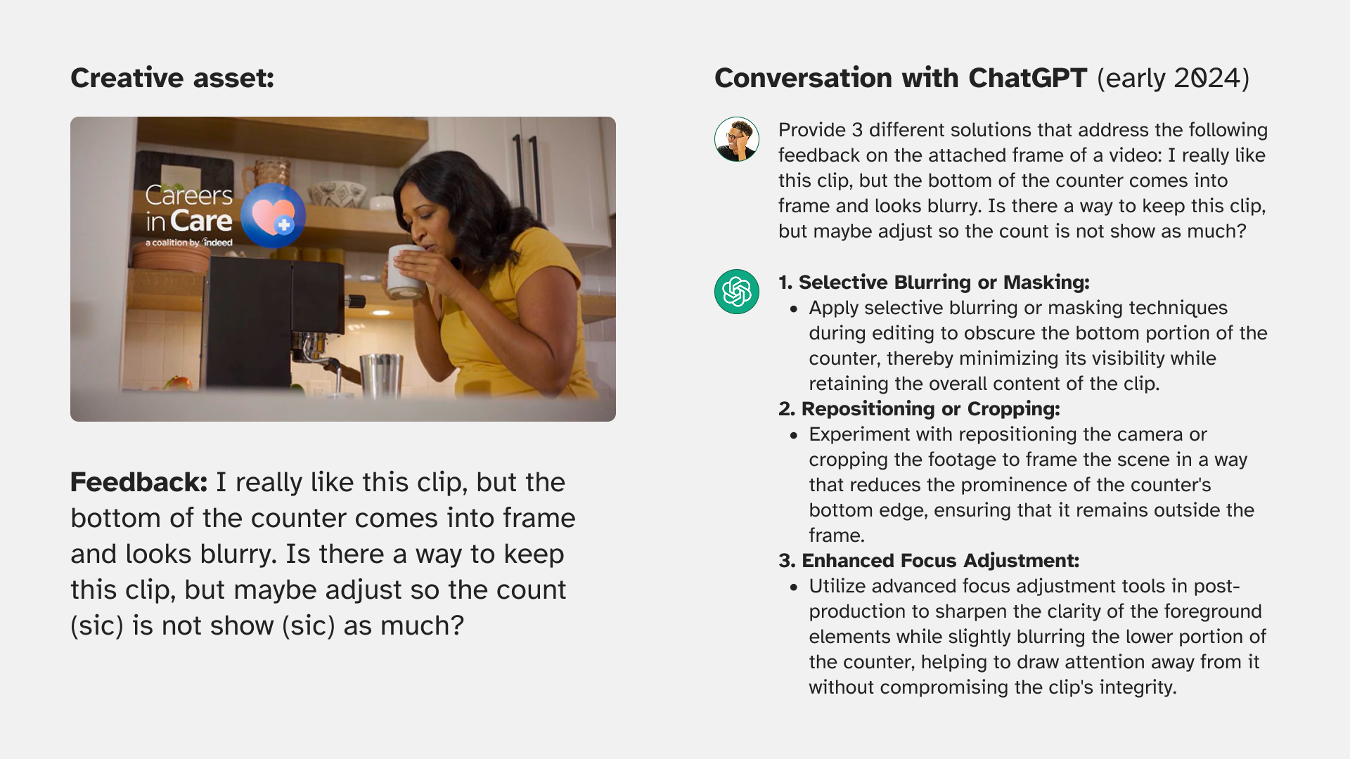 Testing ChatGPT's ability to provide solutions to creative feedback