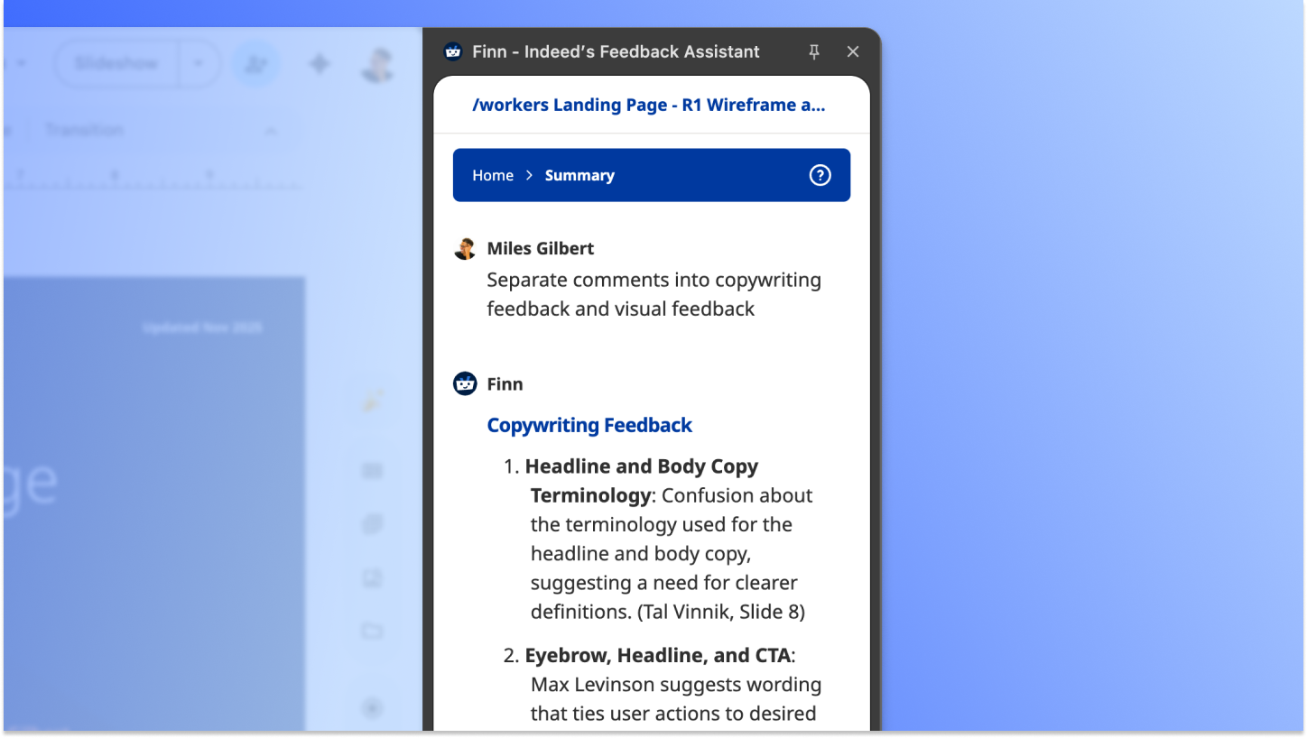 Finn responding to a custom query: separating comments into copywriting and visual feedback