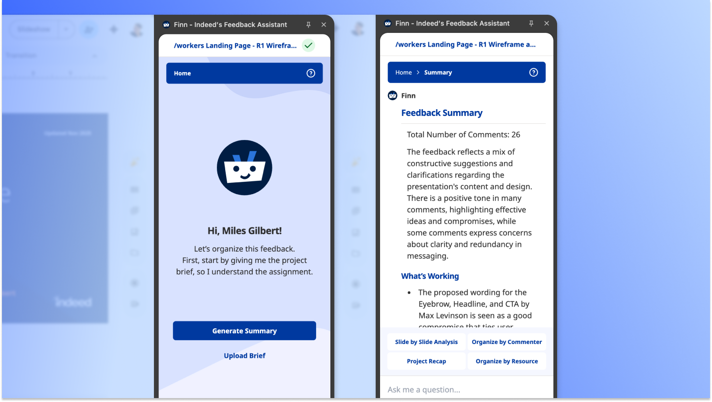 Finn Chrome extension shown in two states: the welcome screen prompting for a project brief, and the generated feedback summary panel