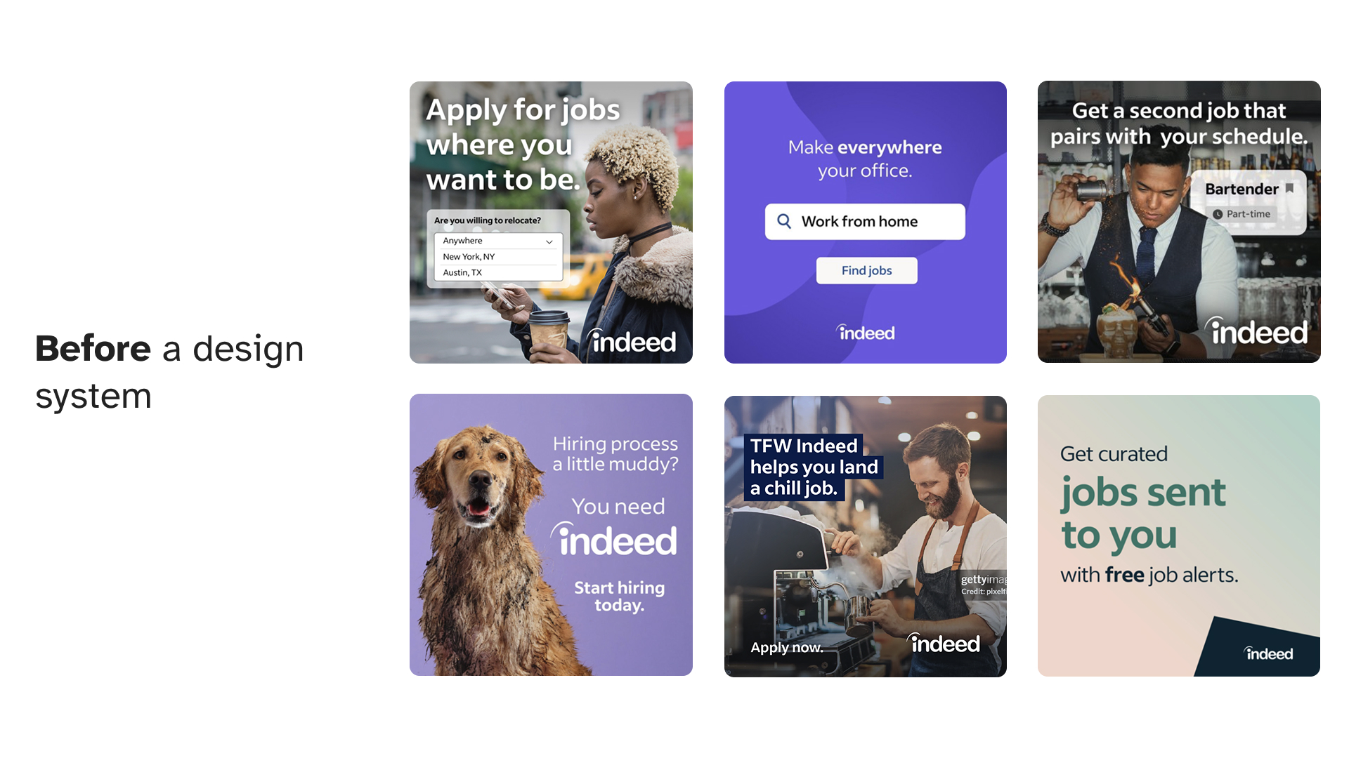 Examples of ads before the design system showing inconsistency