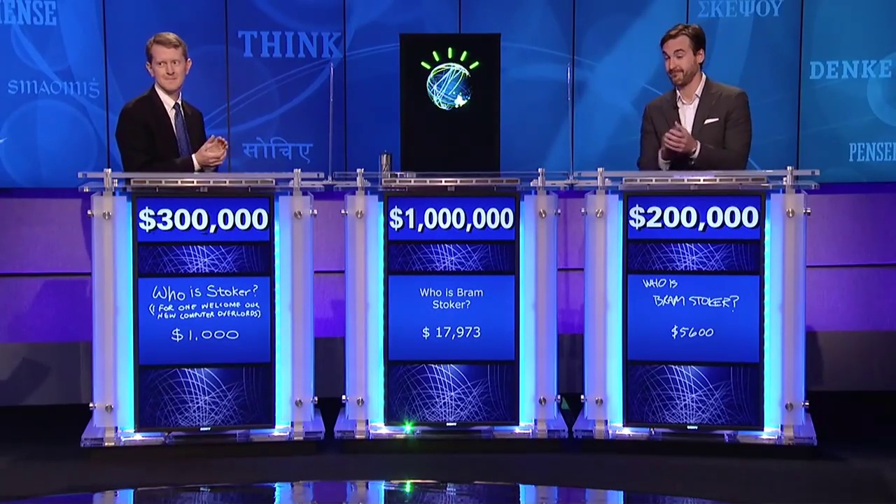 IBM Watson celebrating victory on Jeopardy! against Brad Rutter and Ken Jennings