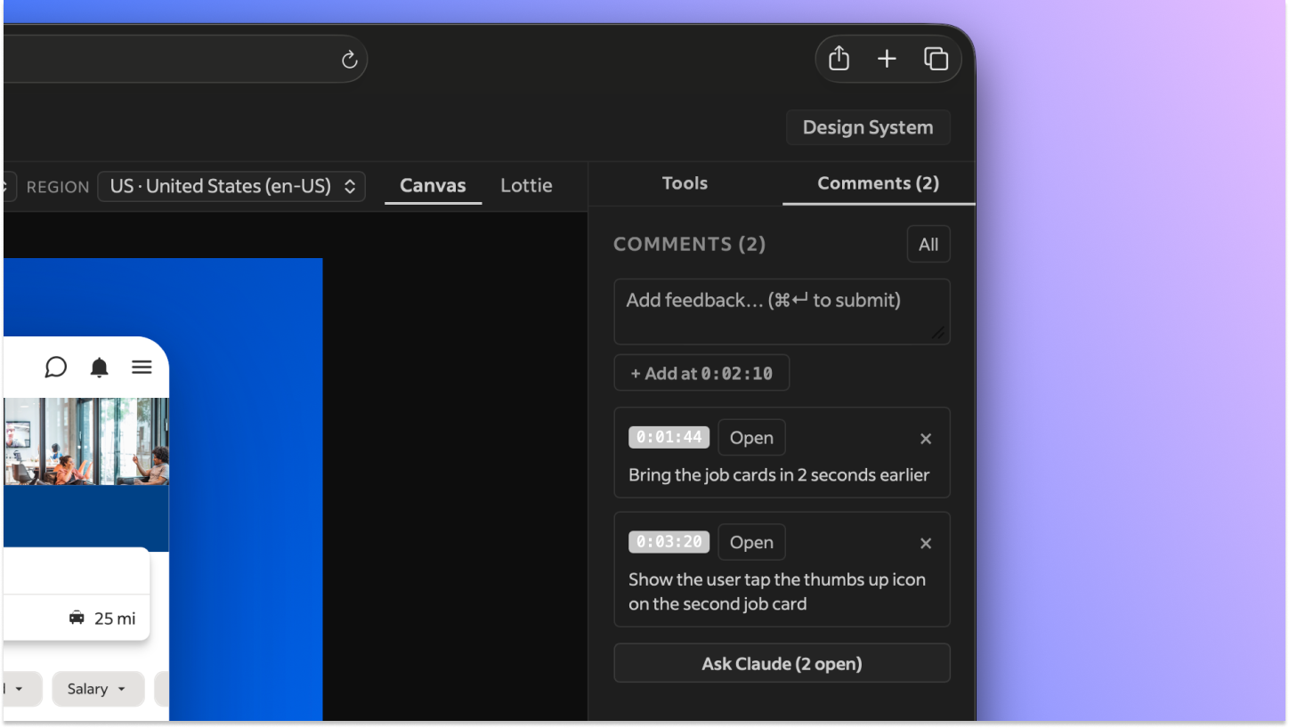 The comments panel with two open notes pinned to specific timecodes and an Ask Claude button below them