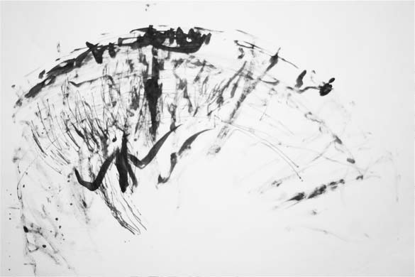 An ink drawing made with IDA: faint sweeping arcs and scattered drips.
