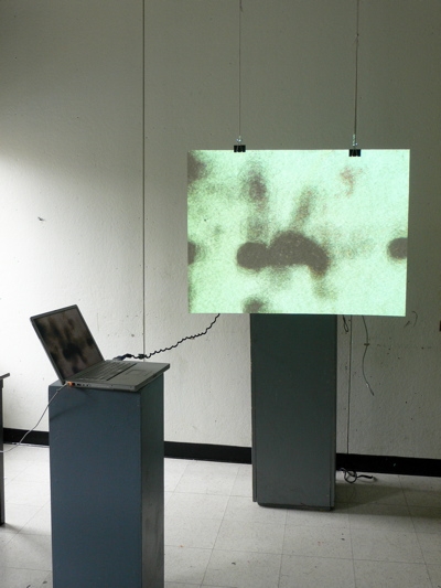 The IRAH installation: a laptop on a pedestal with a translucent canvas hanging from the ceiling, rear-projected with a soft pixelated drawing.