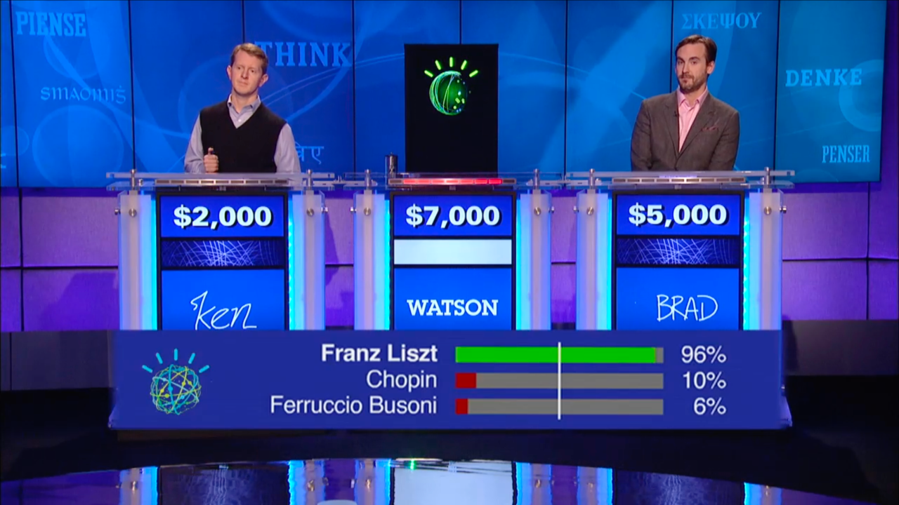 IBM Watson competing on Jeopardy! with answer panel visible showing three potential answers with confidence scores