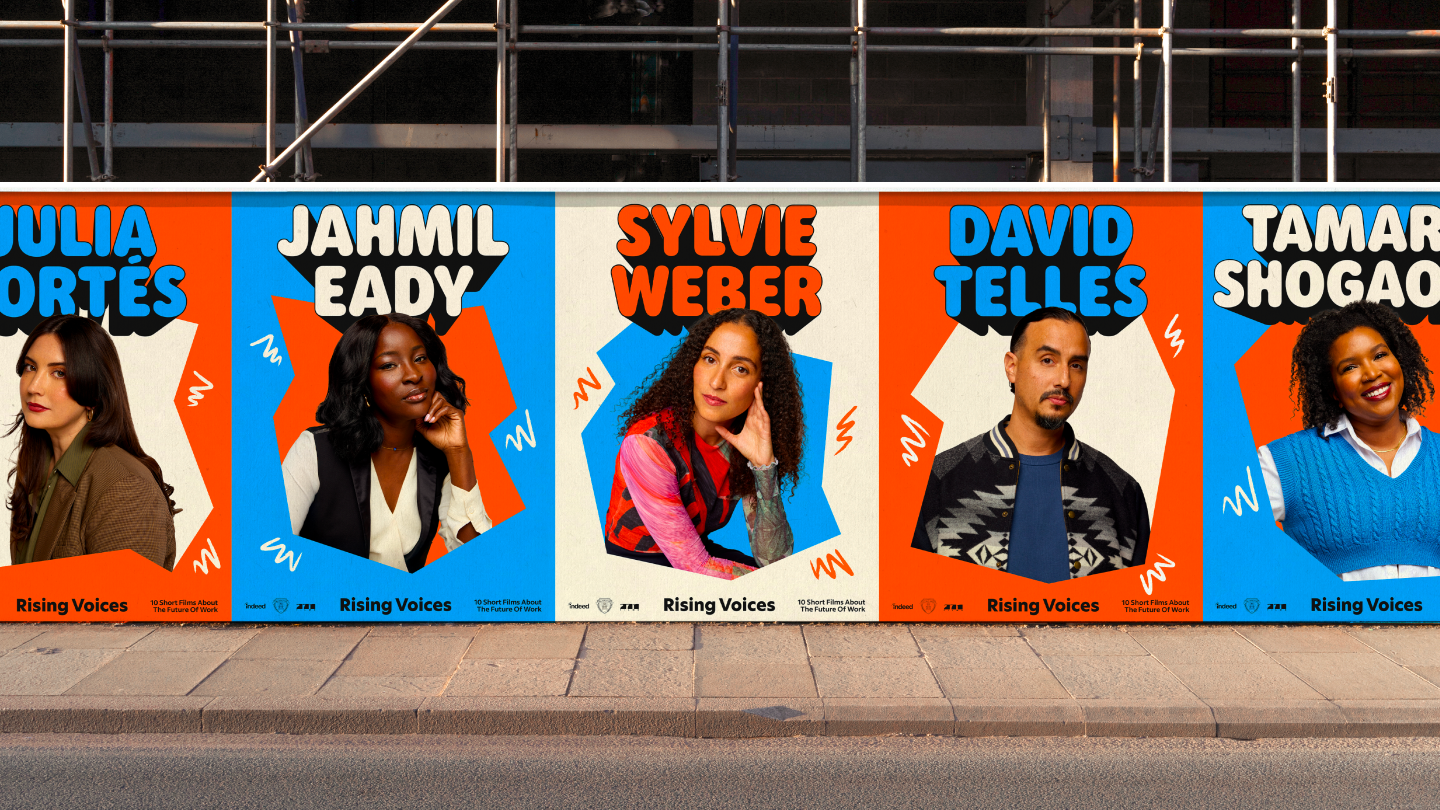 Street-level posters featuring individual filmmaker portraits on blue backgrounds