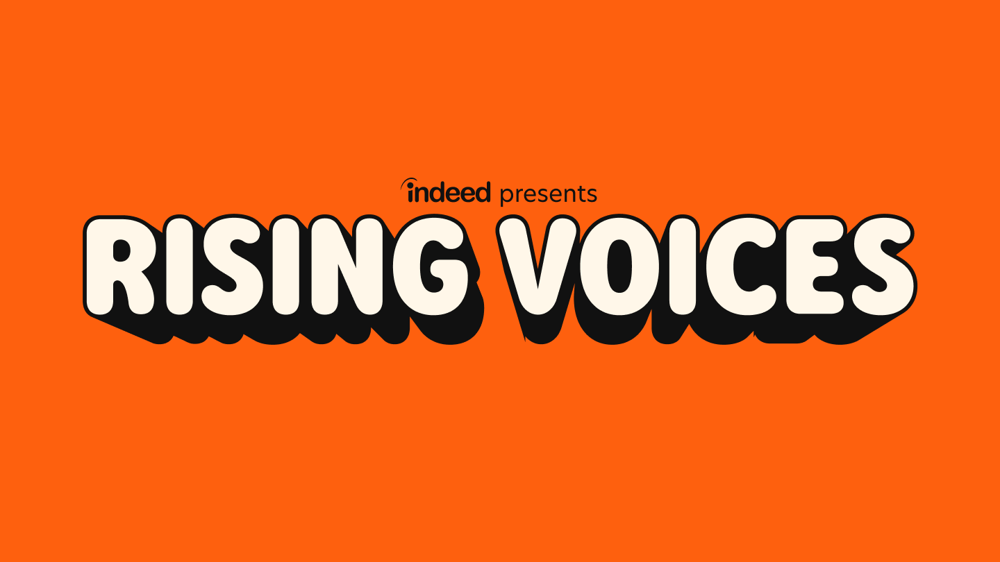 Rising Voices identity system showing bubbly typography with orange and cyan color palette
