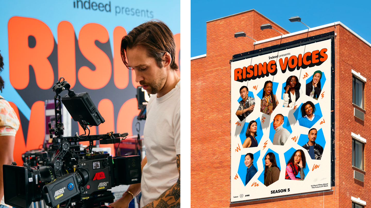 Large-scale building mural featuring Rising Voices filmmakers and environmental documentation