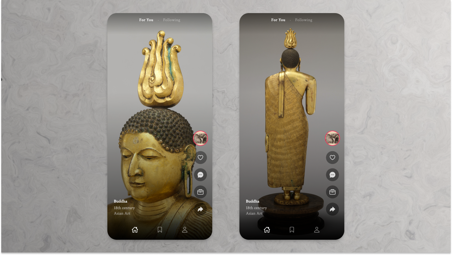 The For You feed showing a gilded Buddha from the Met's Asian Art collection across two screens.