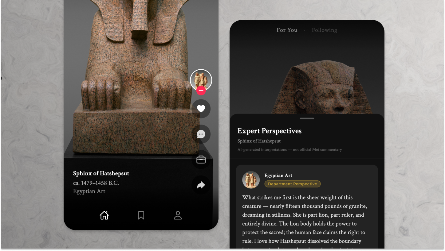 The Sphinx of Hatshepsut in the feed, alongside an AI-generated Expert Perspectives panel offering a departmental reading of the work.