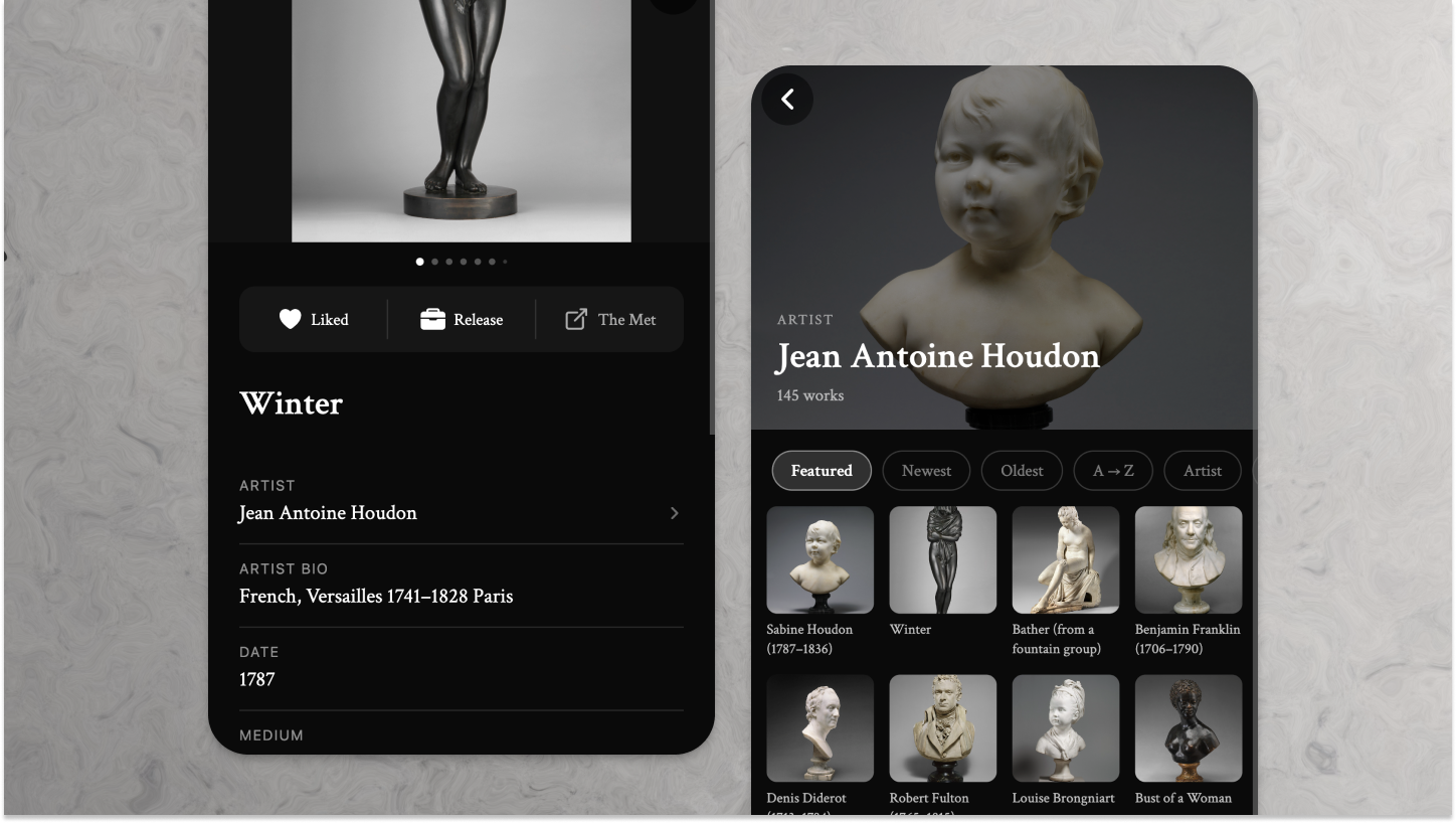 A detail view of Houdon's Winter bronze with metadata, beside the artist page for Jean Antoine Houdon showing 145 works sortable by Featured, Newest, Oldest, A→Z, and Artist.