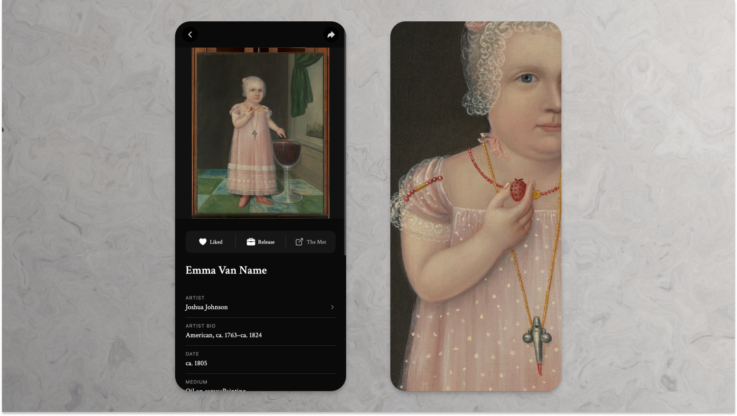 Joshua Johnson's Emma Van Name detail page beside a close-up of the painting's strawberry and lace.