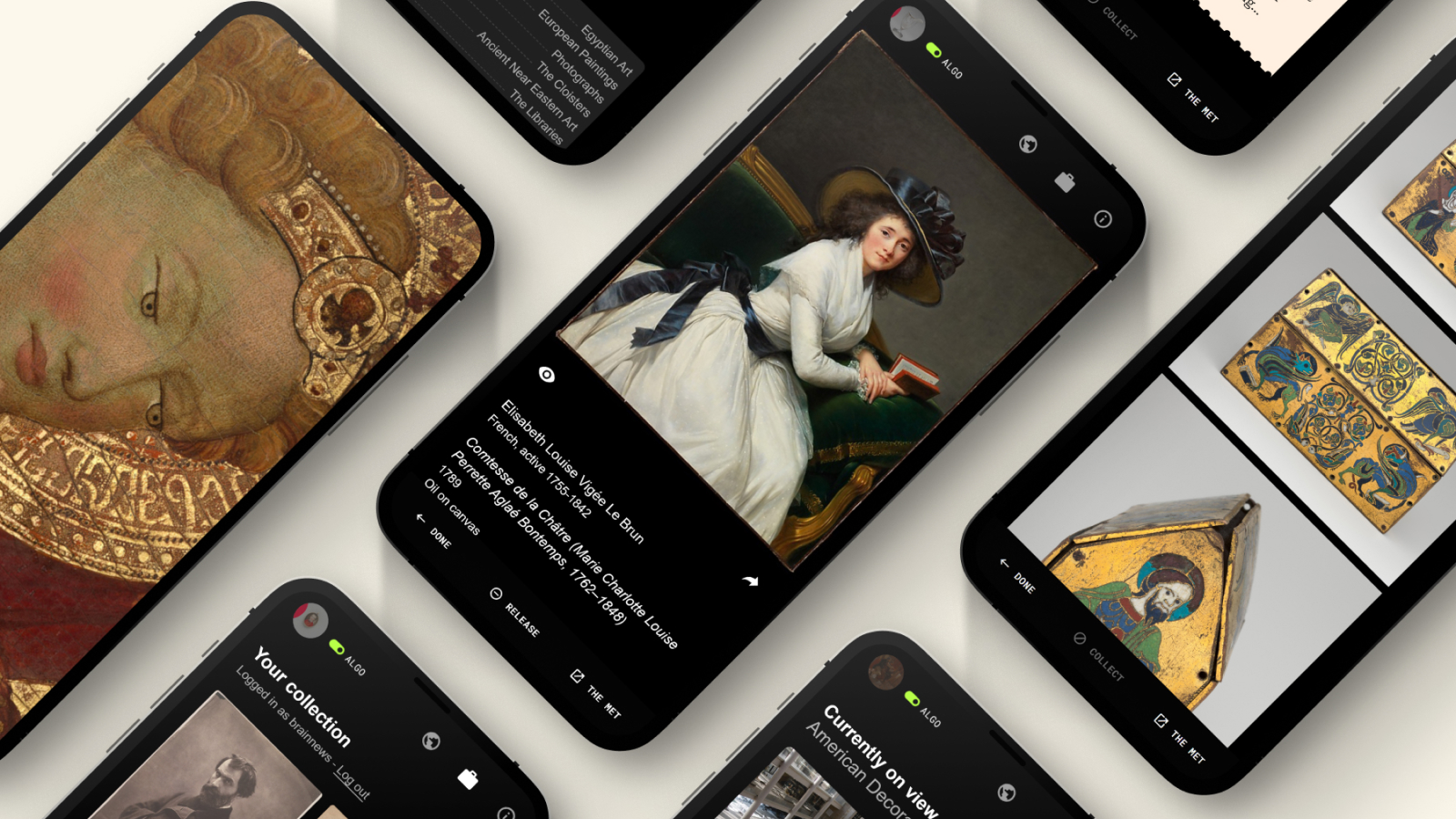 A mix of screens from the Metitate.art web app showing various artworks from The Met's collection.