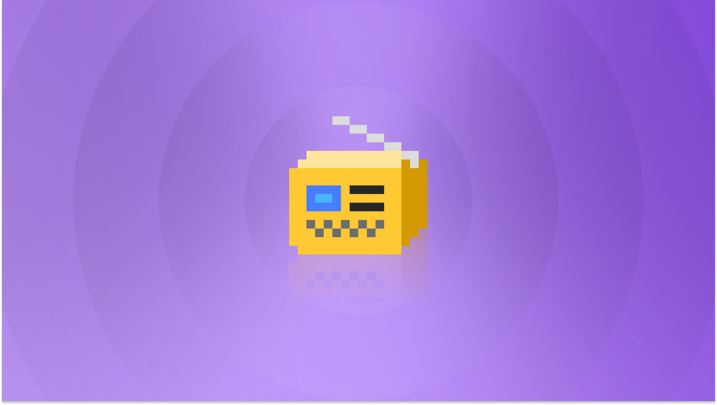 Pixel-art radio icon for Not My First Radio on a purple radial-glow background.