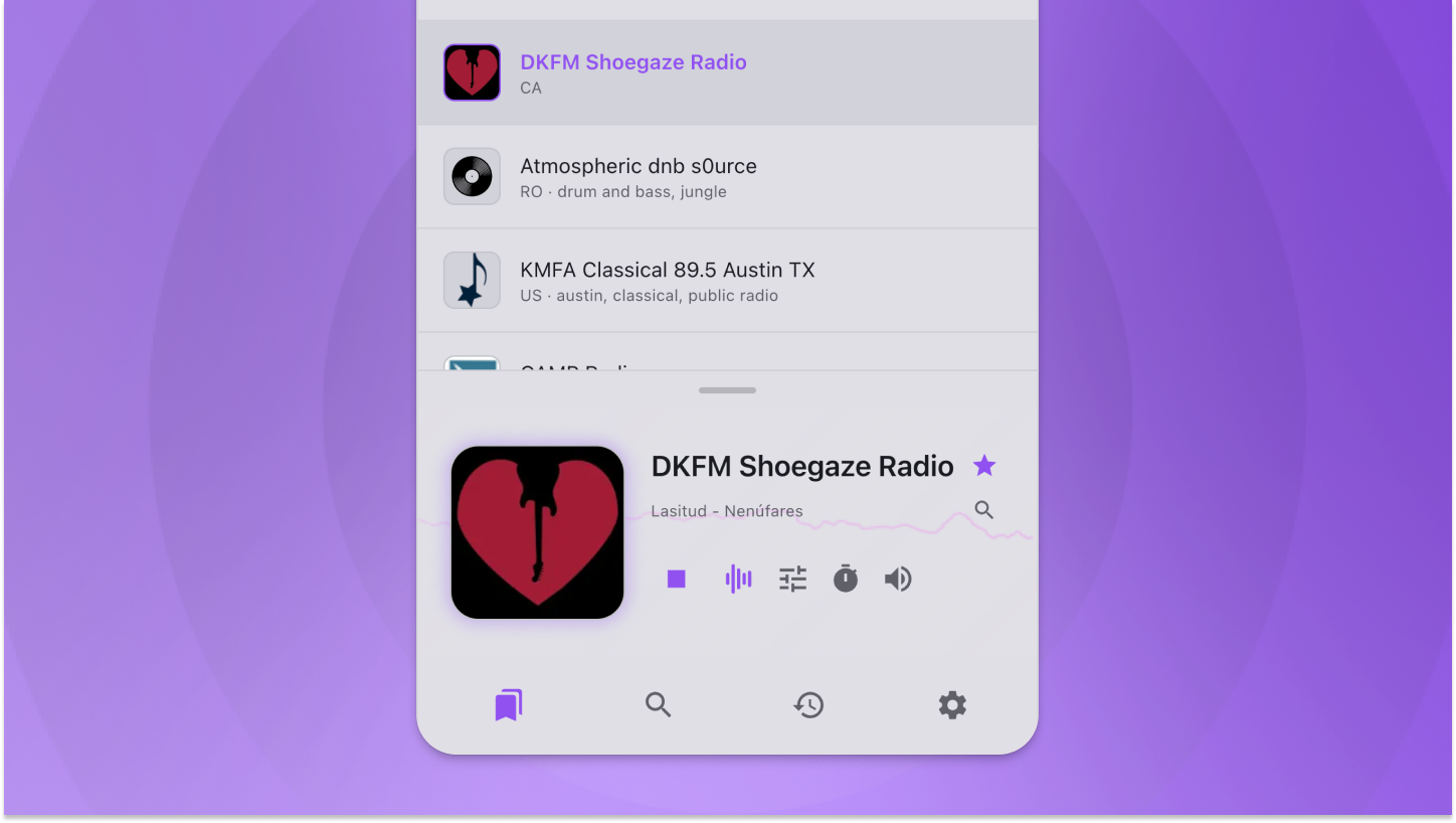 DKFM Shoegaze Radio playing in the compact player view with the station library above.