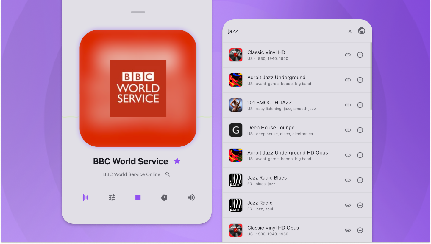 The Not My First Radio player tuned to BBC World Service, alongside a search results list for the query 'jazz'.