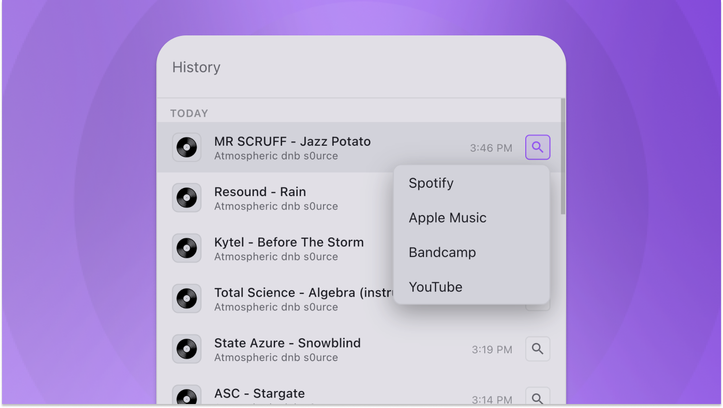 History view showing recently played tracks with a popover menu to open the current track in Spotify, Apple Music, Bandcamp, or YouTube.