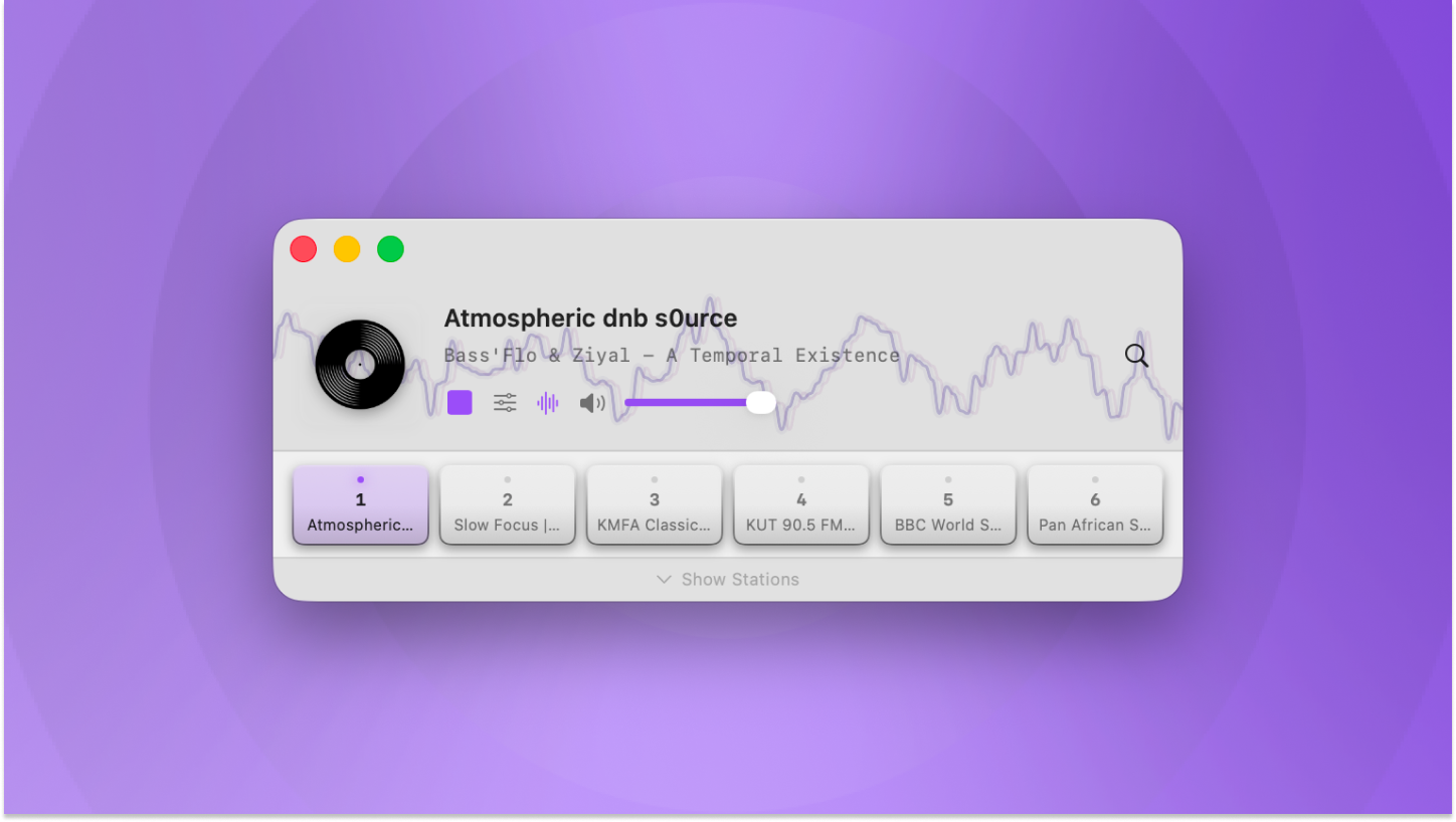 The native macOS app collapsed to just the player bar, with a 'Show Stations' toggle to reveal the library.