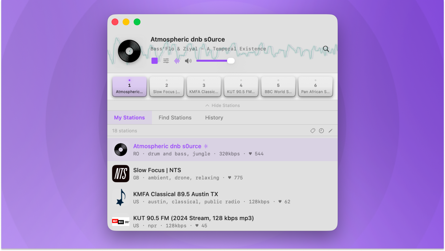 The native macOS app expanded to show the full station library below the player bar, with tabs for My Stations, Find Stations, and History.