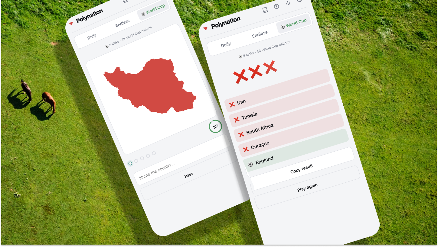 Polynation World Cup Shootout mode showing Iran's border, and the results screen after a loss with wrong guesses listed.