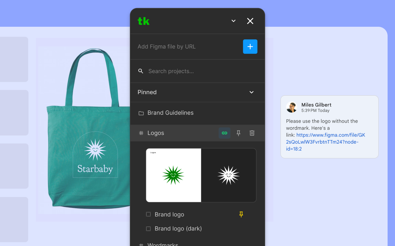 The Treekit panel floating over a webpage, showing a pinned Brand Guidelines project with a Logos frame previewed inline, next to a chat message linking directly to a Figma node.
