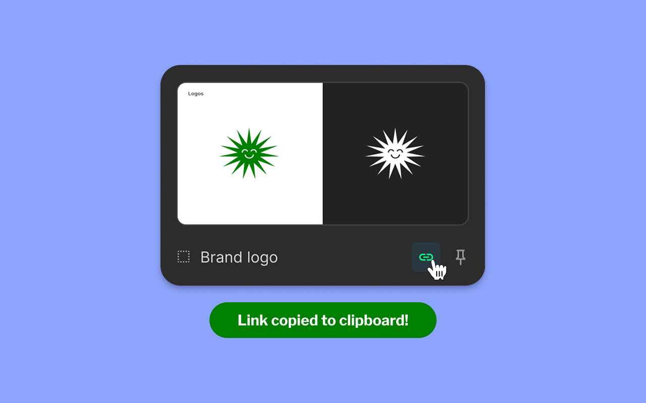 A close-up of a frame card in the Treekit panel showing the Brand logo preview, with a green link icon under the cursor and a 'Link copied to clipboard!' toast below.