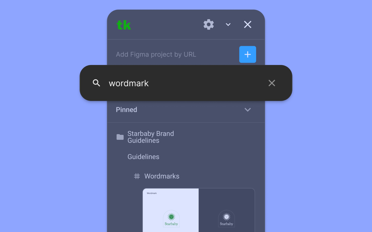 The Treekit panel with a search field active and 'wordmark' typed in, auto-expanding the Starbaby Brand Guidelines project to surface a Wordmarks frame.