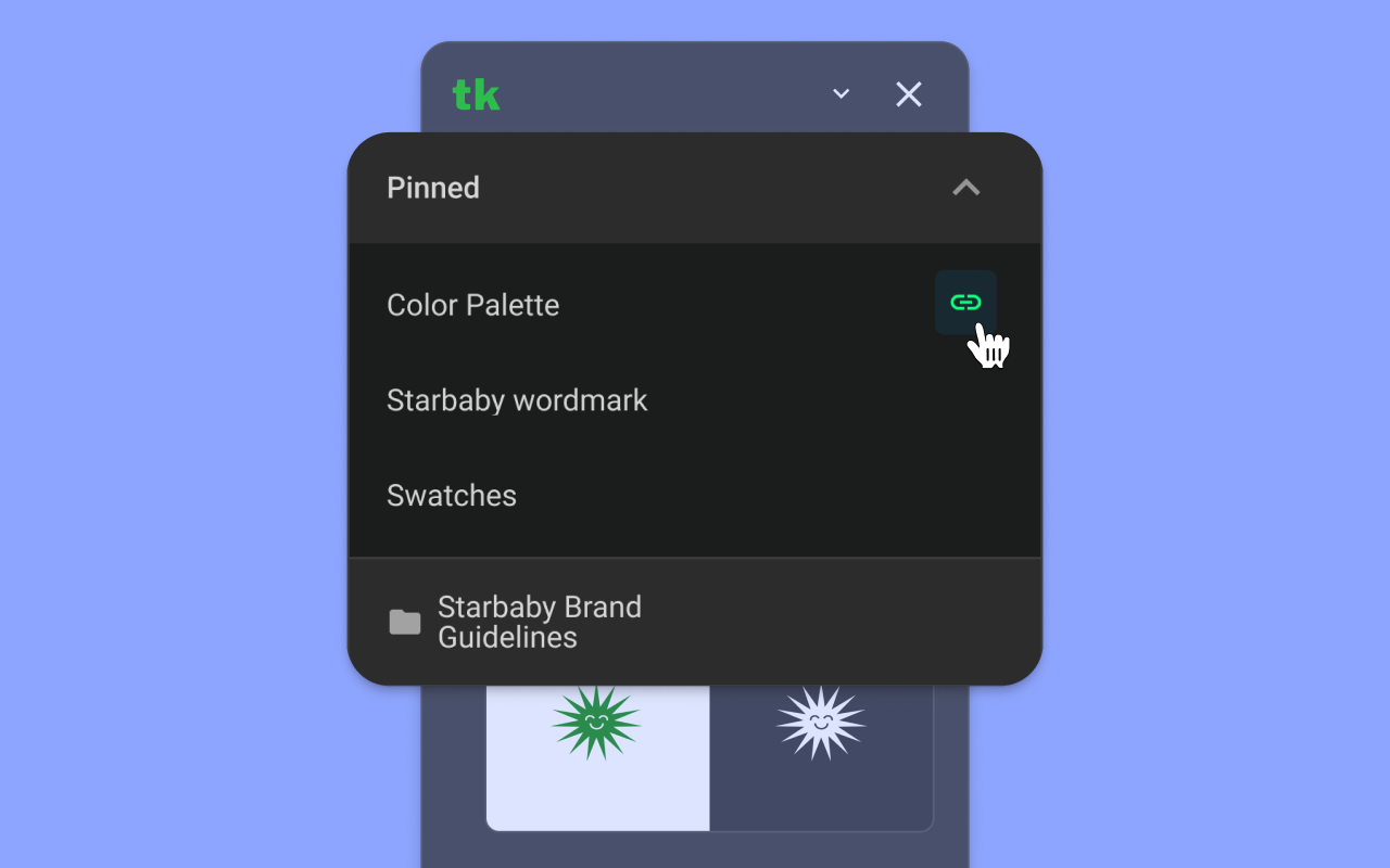 The Pinned section of the Treekit panel expanded, listing Color Palette, Starbaby wordmark, and Swatches, with a cursor hovering the green copy-link icon next to Color Palette.