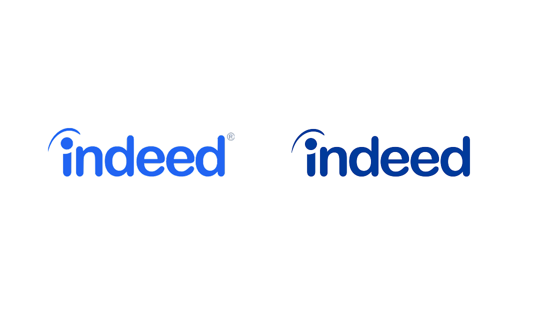 A comparison of the old and new Indeed logos, showing just a color change without any change to the overall shape of the workmark