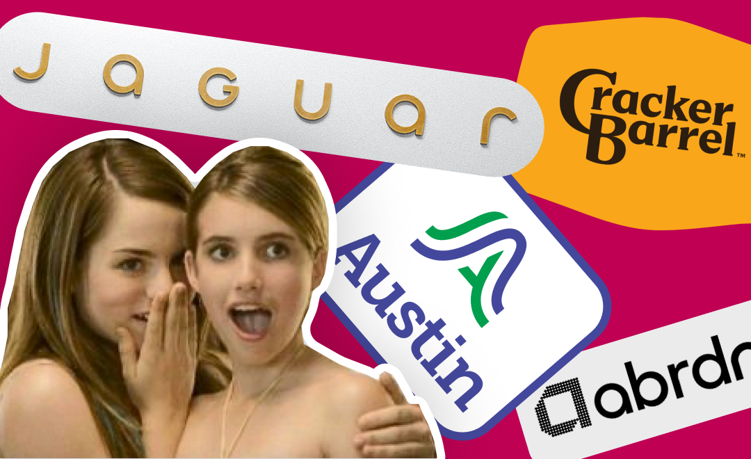 A mix of recently redesigned logos from Jaguar, Cracker Barrel, Aberdeen, and The City of Austin