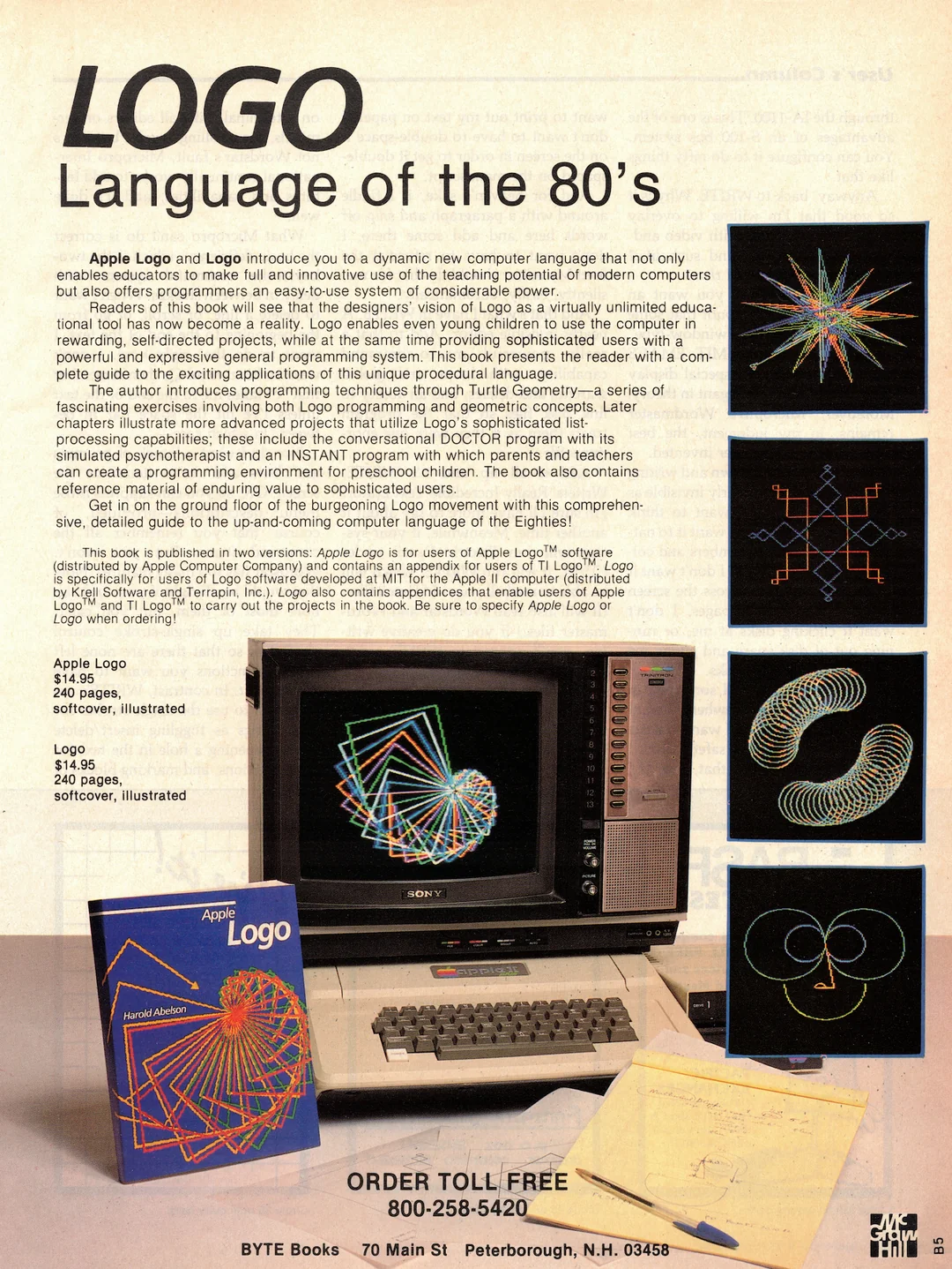 A 1980s magazine advertisement for the Logo programming language, showing an Apple II with colorful graphics on its monitor and a stack of printouts