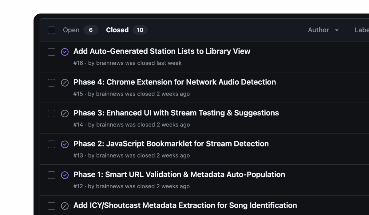 Several Github issues for the Not My First Radio app